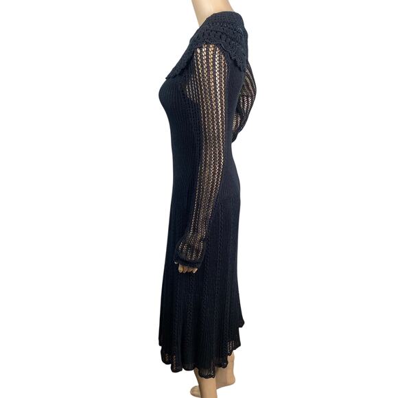 Vtg 60s Nina Spain Black Gothic Lolita Crochet Collared Knit Midi Dress SZ M/L - Picture 7 of 11